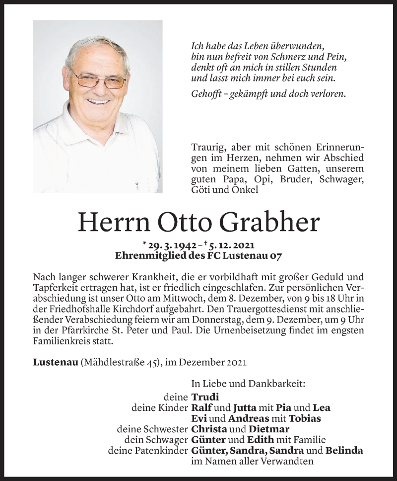  Todesanzeige für Otto Grabher vom 06.12.2021 aus Vorarlberger Nachrichten