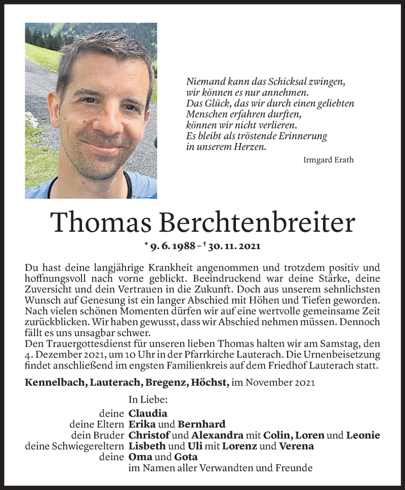 Todesanzeige für Thomas Berchtenbreiter vom 01.12.2021 aus Vorarlberger Nachrichten