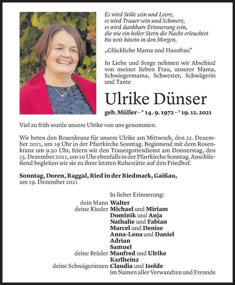  Todesanzeige für Ulrike Dünser vom 20.12.2021 aus Vorarlberger Nachrichten