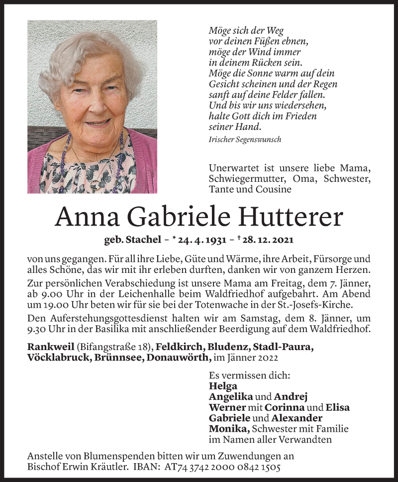  Todesanzeige für Anna Gabriele Hutterer vom 04.01.2022 aus Vorarlberger Nachrichten
