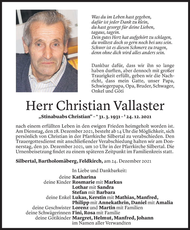  Todesanzeige für Christian Vallaster vom 26.12.2021 aus Vorarlberger Nachrichten