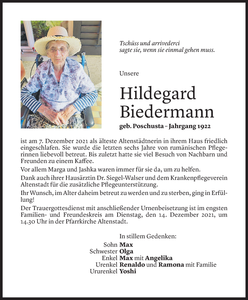 Todesanzeige für Hildegard Biedermann vom 10.12.2021 aus Vorarlberger Nachrichten