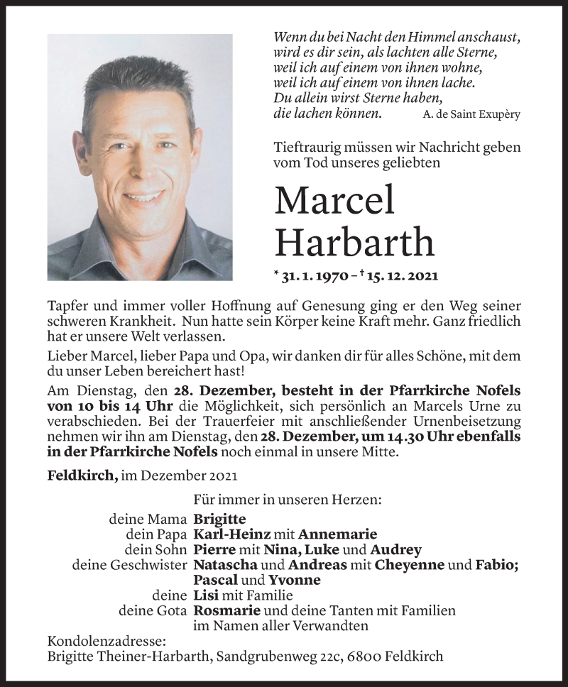 Todesanzeige für Marcel Harbarth vom 23.12.2021 aus Vorarlberger Nachrichten