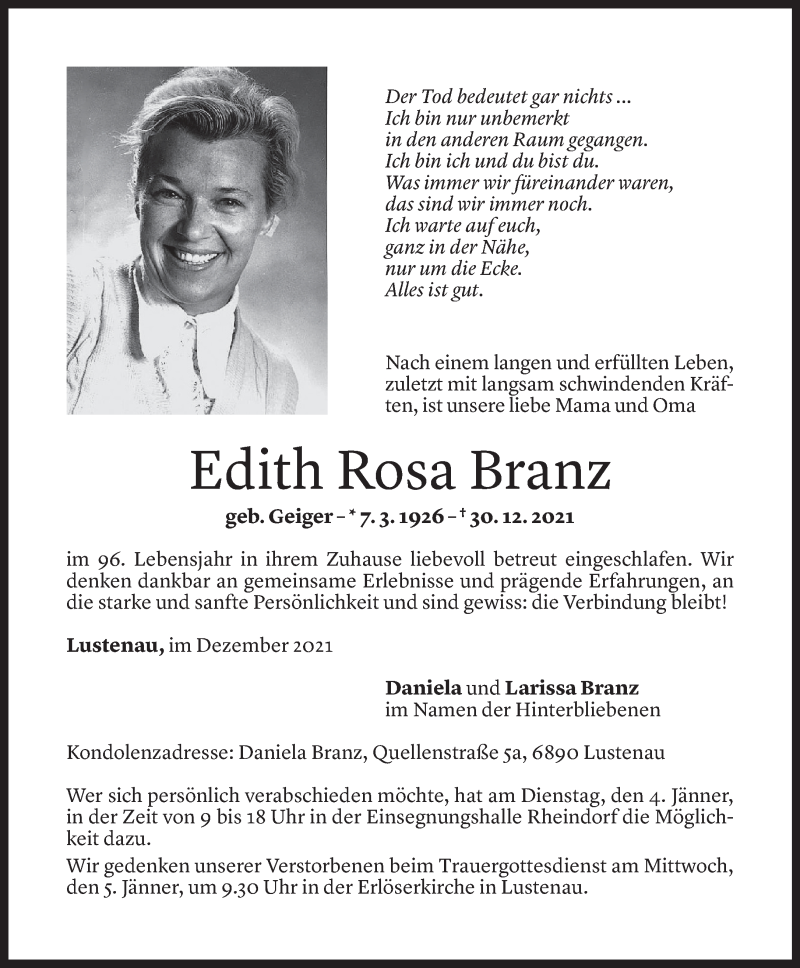  Todesanzeige für Edith Rosa Branz vom 30.12.2021 aus Vorarlberger Nachrichten