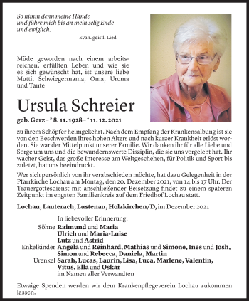 Todesanzeige von Ursula Schreier von Vorarlberger Nachrichten