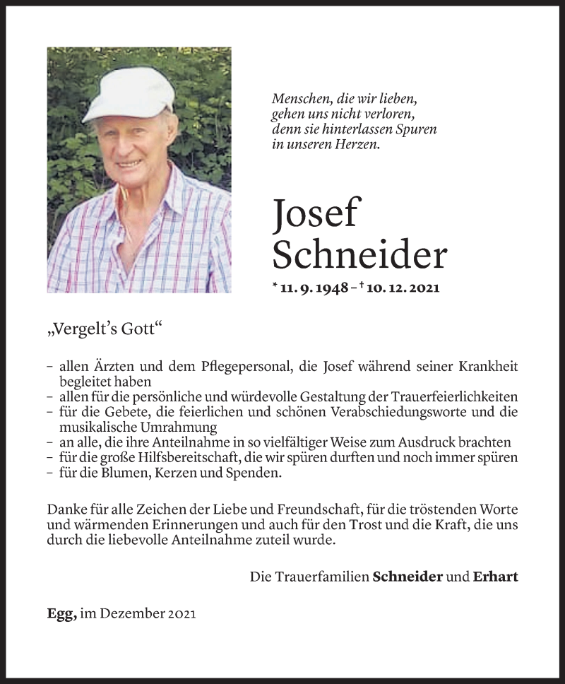  Todesanzeige für Josef Schneider vom 02.01.2022 aus Vorarlberger Nachrichten