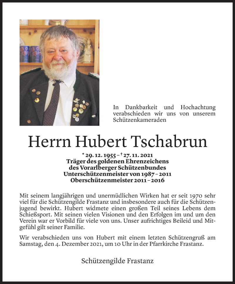  Todesanzeige für Hubert Tschabrun vom 01.12.2021 aus Vorarlberger Nachrichten