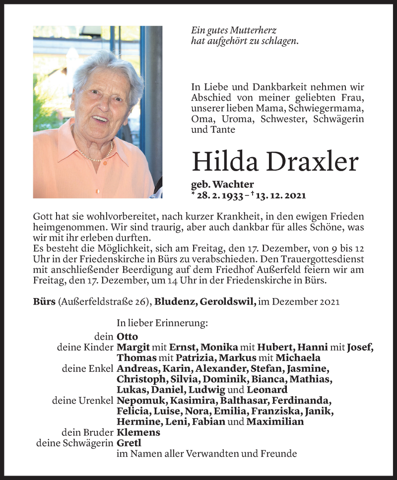  Todesanzeige für Hilda Draxler vom 15.12.2021 aus Vorarlberger Nachrichten