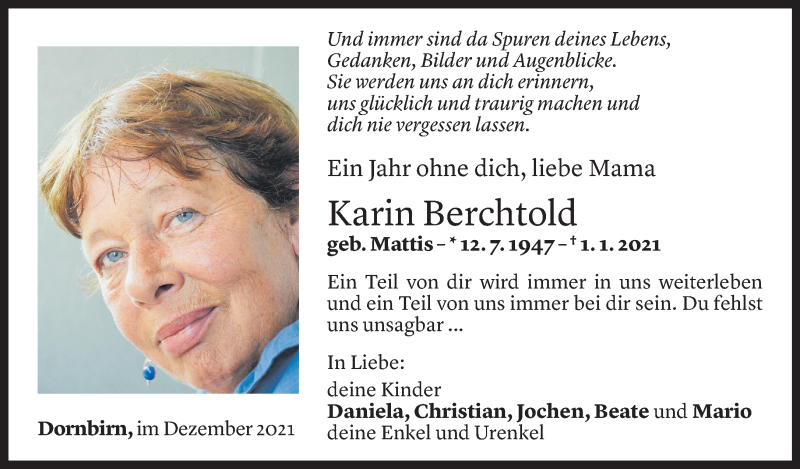  Todesanzeige für Karin Berchtold vom 30.12.2021 aus Vorarlberger Nachrichten