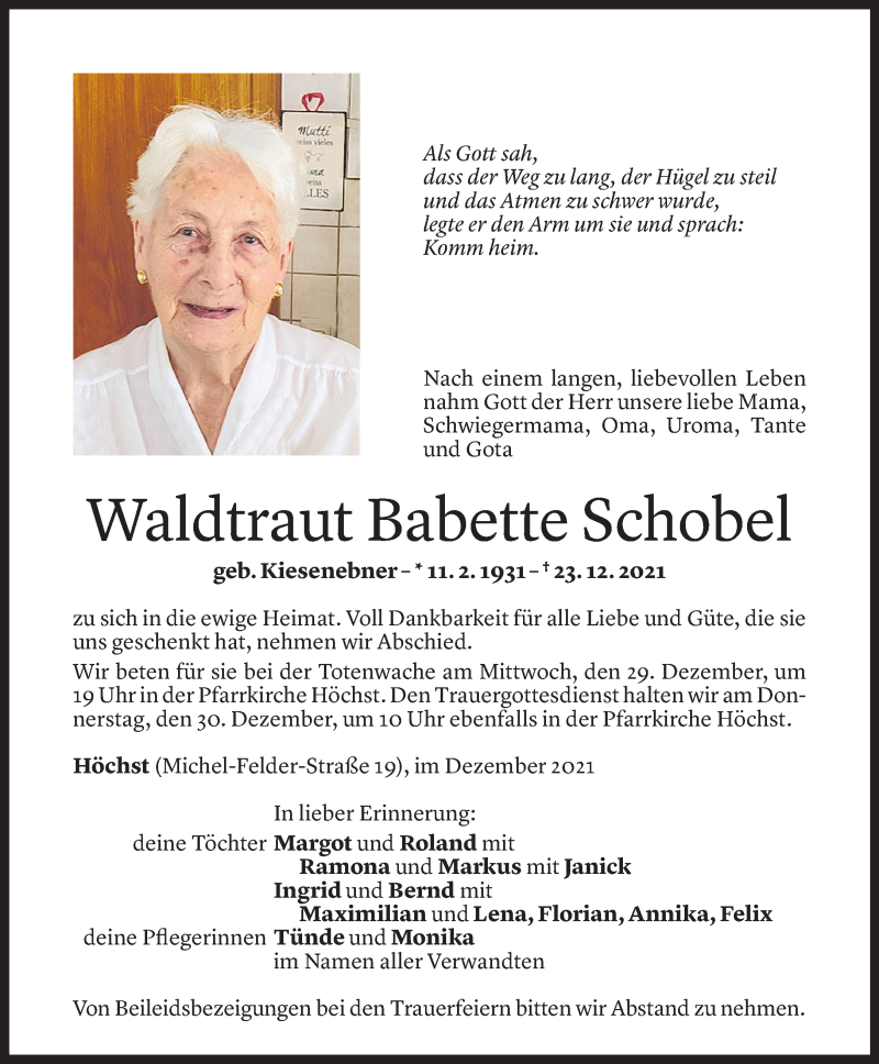  Todesanzeige für Waltraut Babette Schobel vom 27.12.2021 aus Vorarlberger Nachrichten
