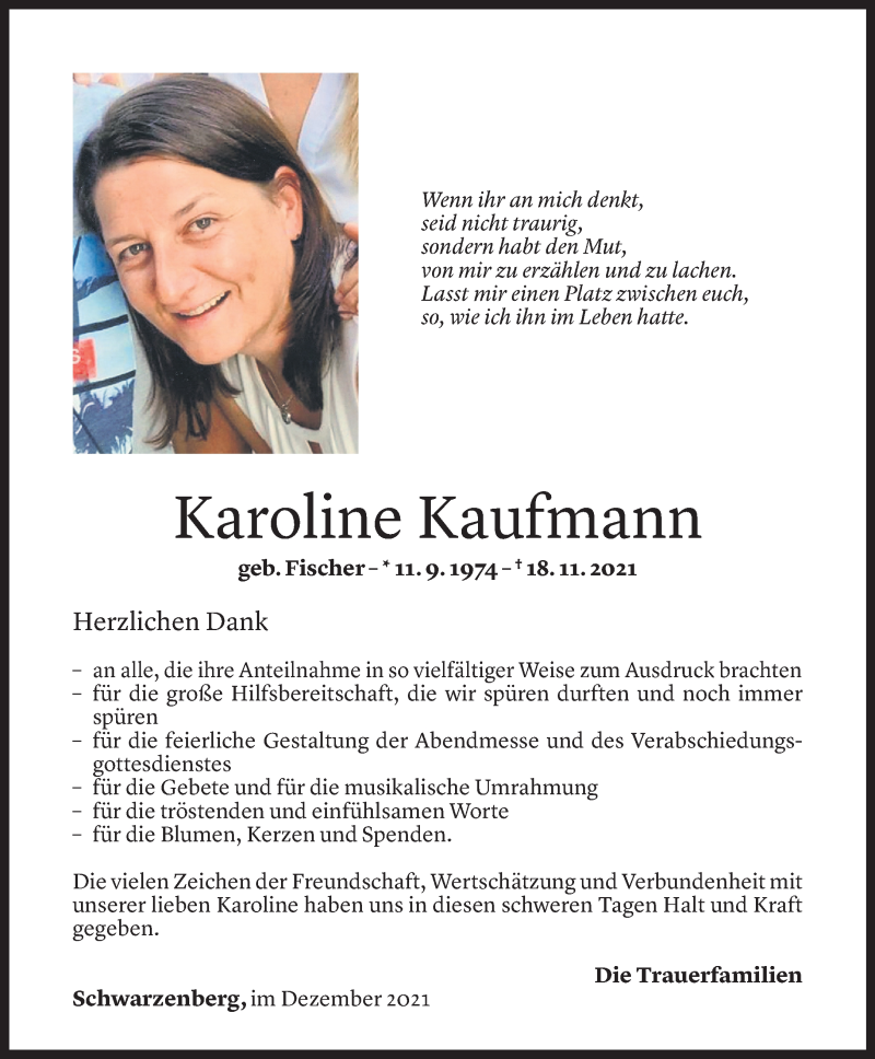  Todesanzeige für Karoline Kaufmann vom 20.12.2021 aus Vorarlberger Nachrichten
