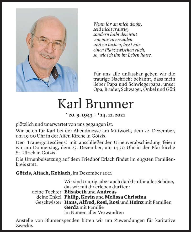  Todesanzeige für Karl Brunner vom 20.12.2021 aus Vorarlberger Nachrichten