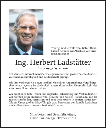 Todesanzeige von Herbert Ladstätter von Vorarlberger Nachrichten
