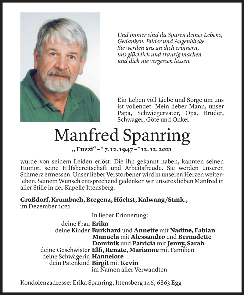  Todesanzeige für Manfred Spanring vom 14.12.2021 aus Vorarlberger Nachrichten