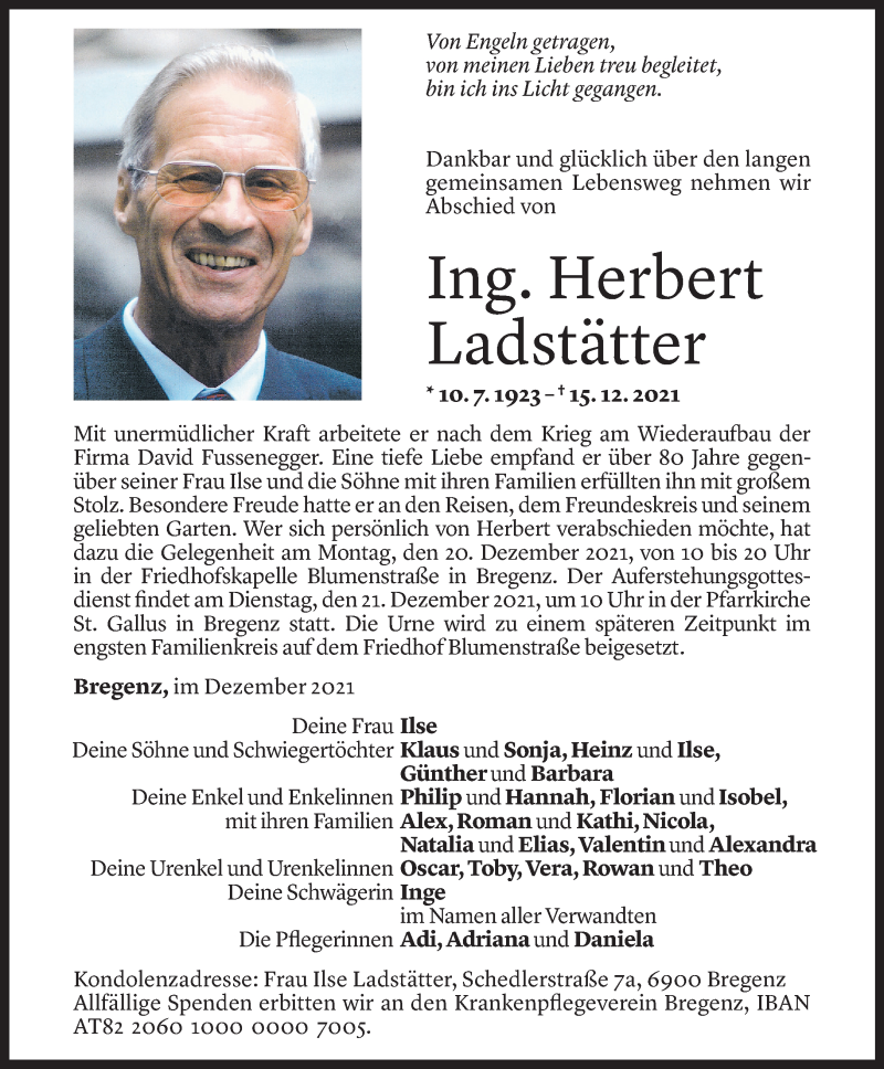  Todesanzeige für Herbert Ladstätter vom 17.12.2021 aus Vorarlberger Nachrichten