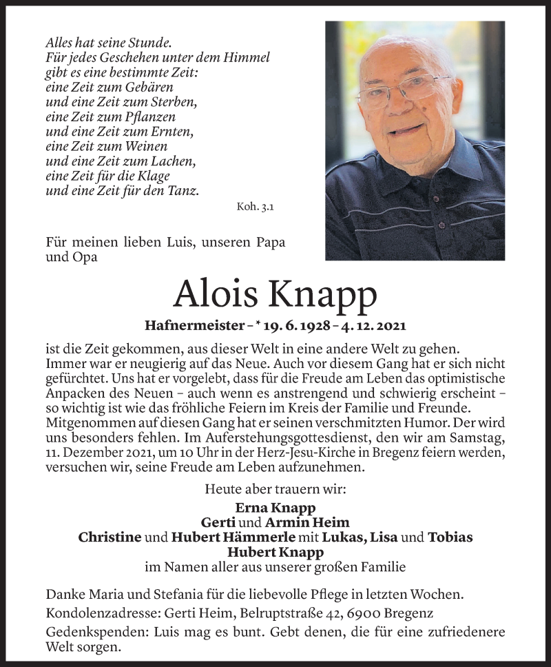  Todesanzeige für Alois Knapp vom 07.12.2021 aus Vorarlberger Nachrichten