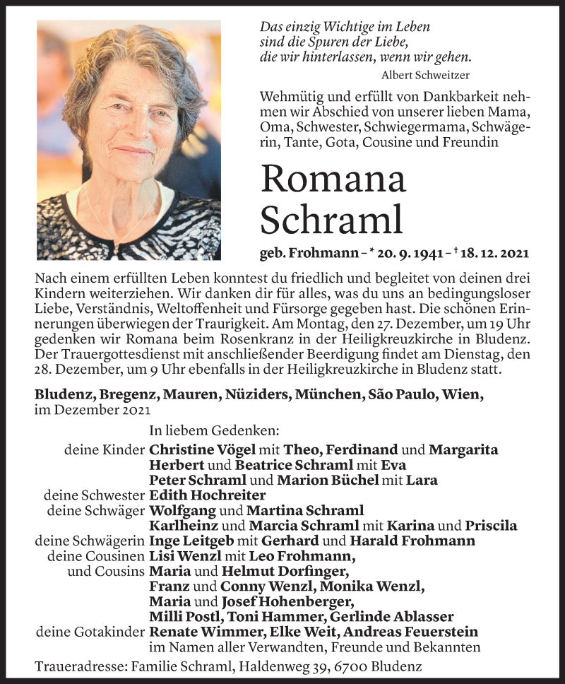  Todesanzeige für Romana Schraml vom 23.12.2021 aus Vorarlberger Nachrichten