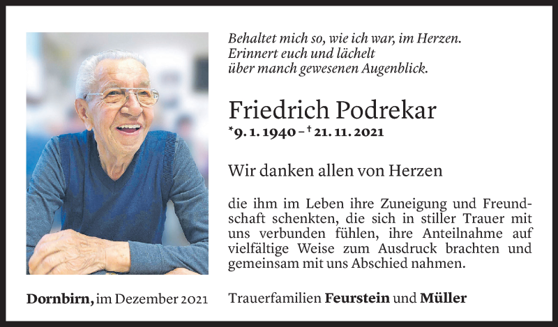  Todesanzeige für Friedrich Podrekar vom 10.12.2021 aus Vorarlberger Nachrichten