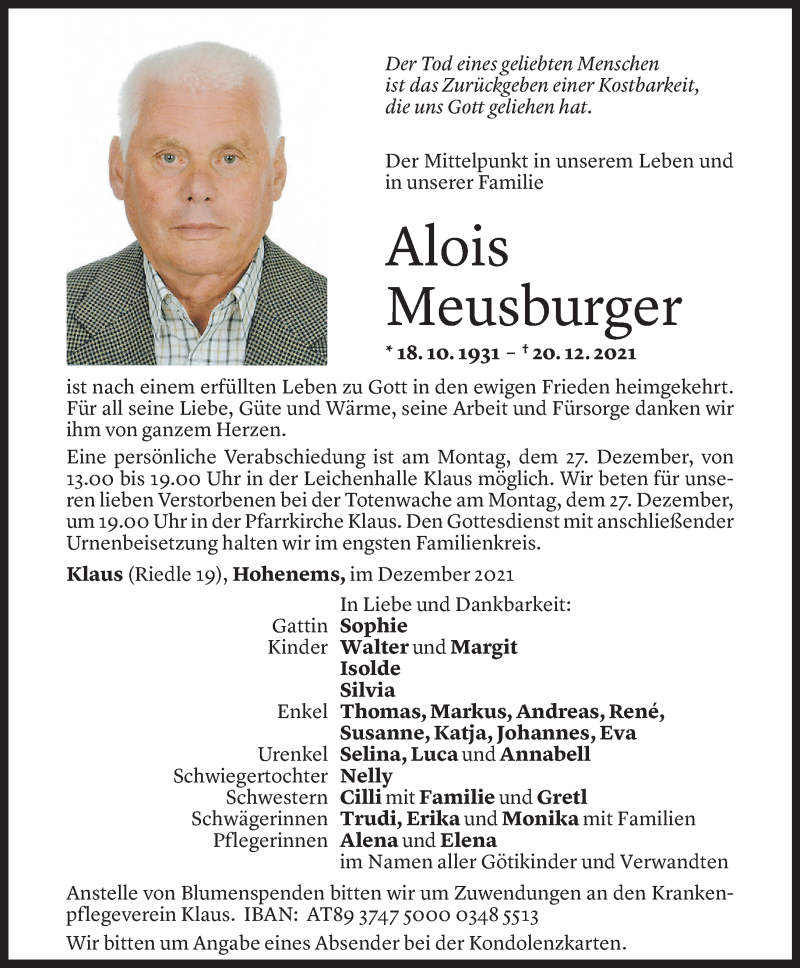  Todesanzeige für Alois Meusburger vom 24.12.2021 aus Vorarlberger Nachrichten