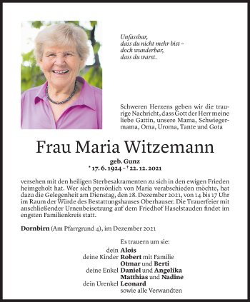 Todesanzeige von Maria Witzemann von Vorarlberger Nachrichten