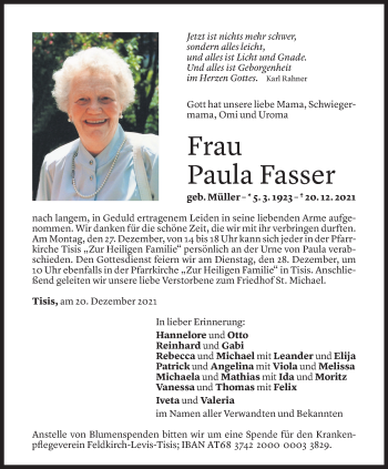 Todesanzeige von Paula Fasser von Vorarlberger Nachrichten