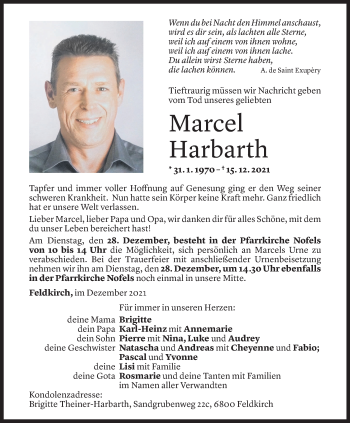 Todesanzeige von Marcel Harbarth von Vorarlberger Nachrichten