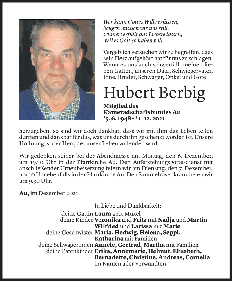  Todesanzeige für Hubert Berbig vom 03.12.2021 aus Vorarlberger Nachrichten