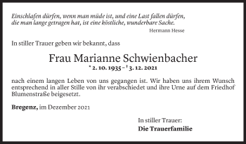 Todesanzeige von Marianne Schwienbacher von Vorarlberger Nachrichten