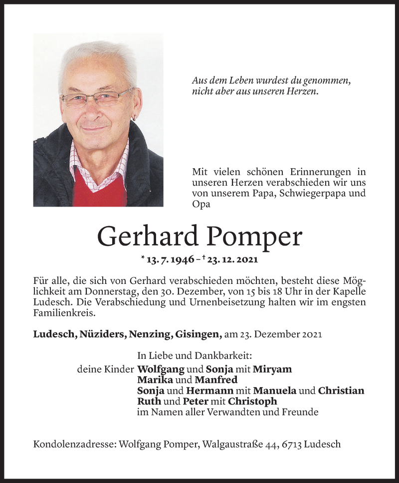  Todesanzeige für Gerhard Pomper vom 28.12.2021 aus Vorarlberger Nachrichten