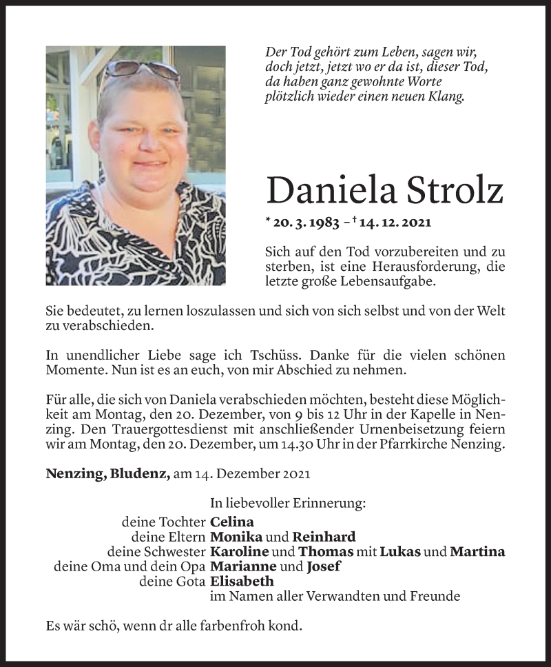  Todesanzeige für Daniela Strolz vom 17.12.2021 aus Vorarlberger Nachrichten