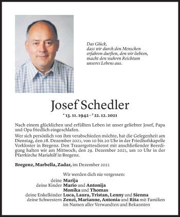 Todesanzeige von Josef Schedler von Vorarlberger Nachrichten