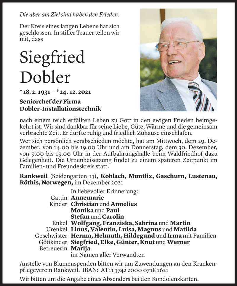  Todesanzeige für Siegfried Dobler vom 27.12.2021 aus Vorarlberger Nachrichten