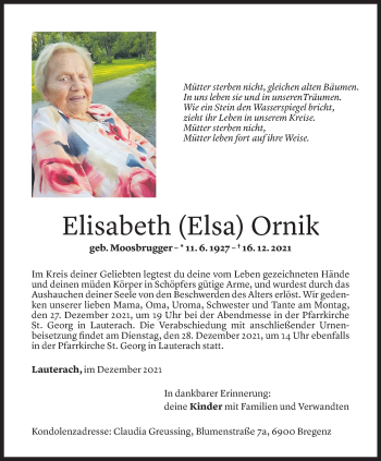 Todesanzeige von Elisabeth Ornik von Vorarlberger Nachrichten