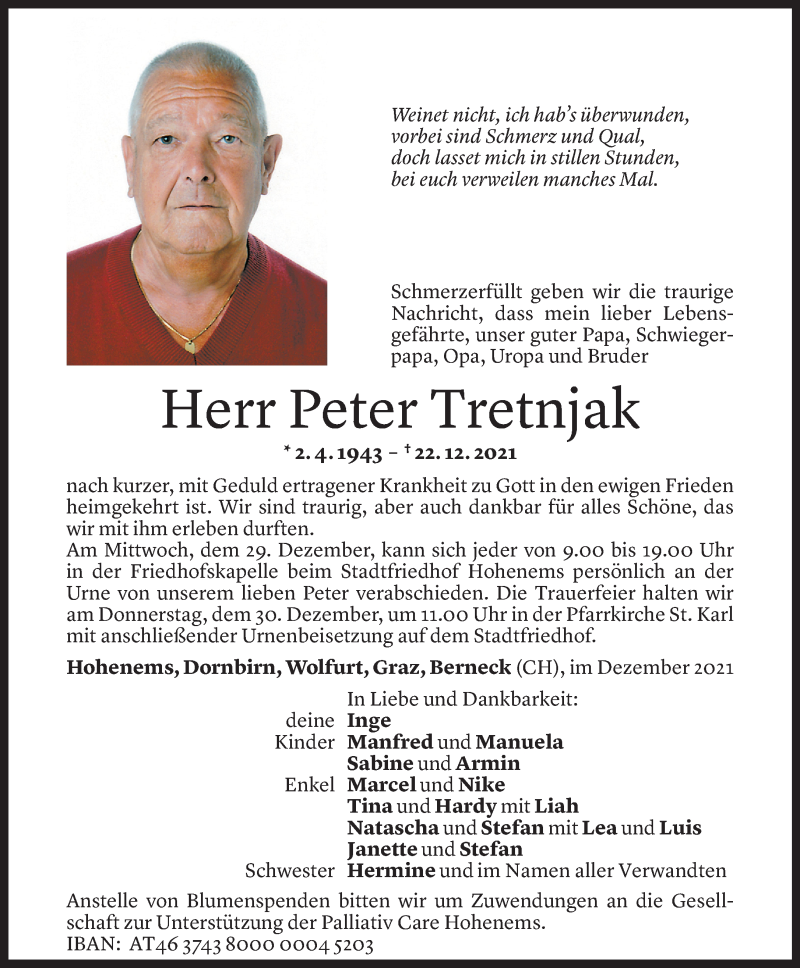  Todesanzeige für Peter Tretnjak vom 28.12.2021 aus Vorarlberger Nachrichten