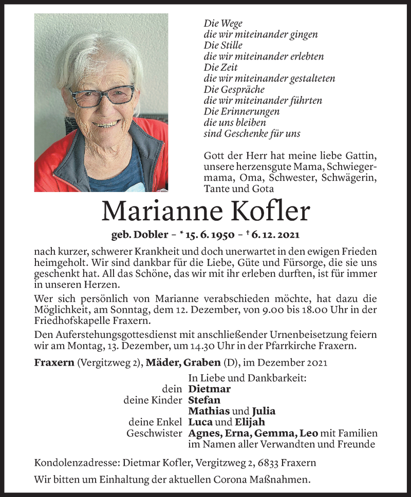  Todesanzeige für Marianne Kofler vom 10.12.2021 aus Vorarlberger Nachrichten