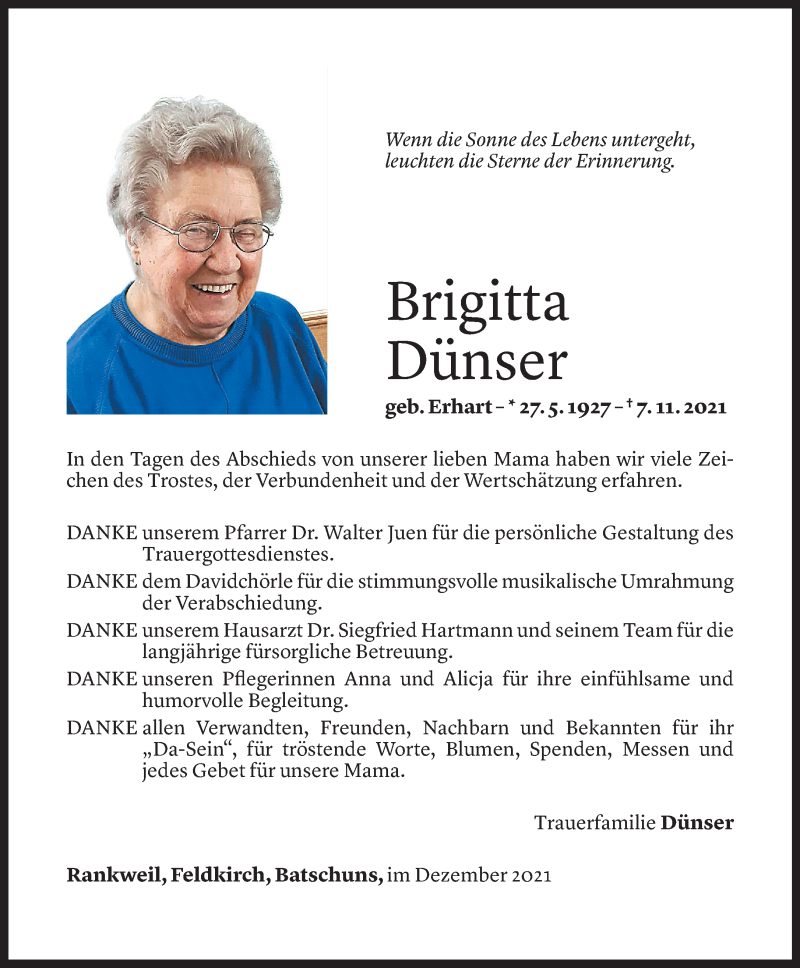  Todesanzeige für Brigitta Dünser vom 10.12.2021 aus Vorarlberger Nachrichten