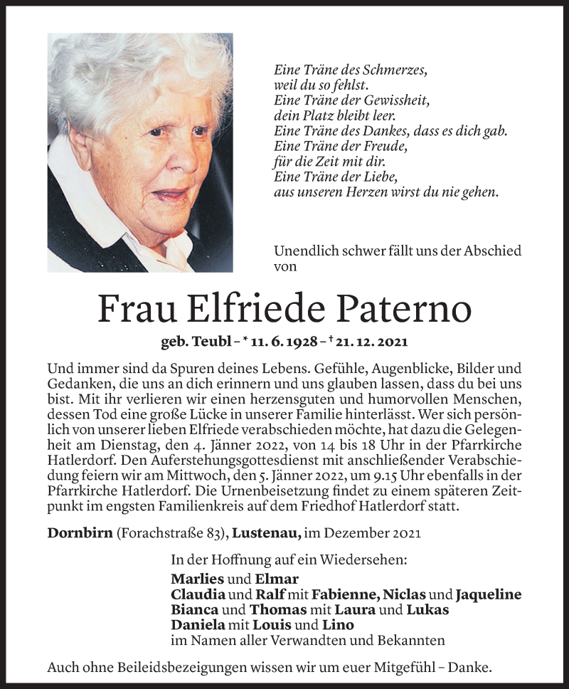  Todesanzeige für Elfriede Paterno vom 30.12.2021 aus Vorarlberger Nachrichten
