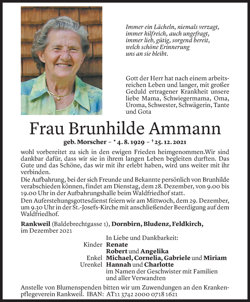  Todesanzeige für Brunhilde Ammann vom 27.12.2021 aus Vorarlberger Nachrichten