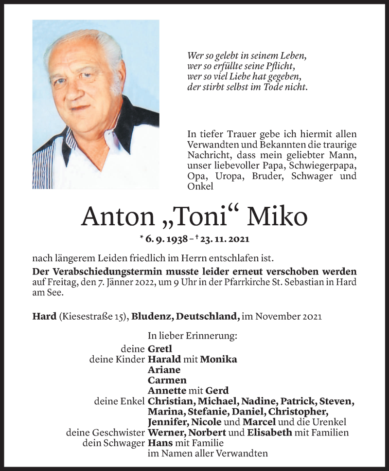  Todesanzeige für Anton Miko vom 26.11.2021 aus Vorarlberger Nachrichten
