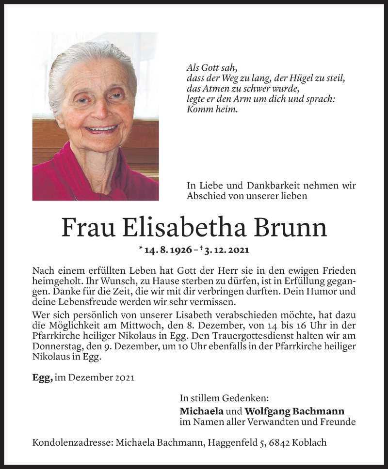  Todesanzeige für Elisabetha Brunn vom 06.12.2021 aus Vorarlberger Nachrichten