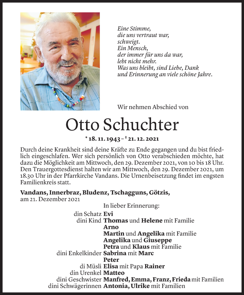  Todesanzeige für Otto Schuchter vom 26.12.2021 aus Vorarlberger Nachrichten