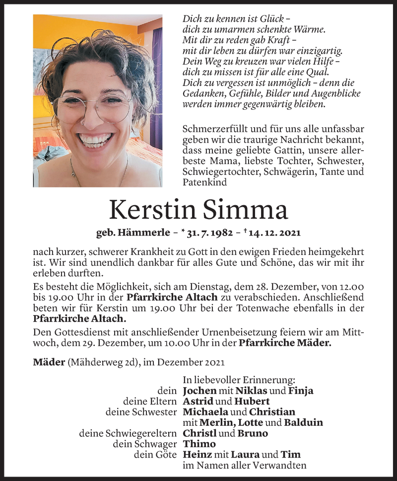 Todesanzeige für Kerstin Simma vom 27.12.2021 aus Vorarlberger Nachrichten