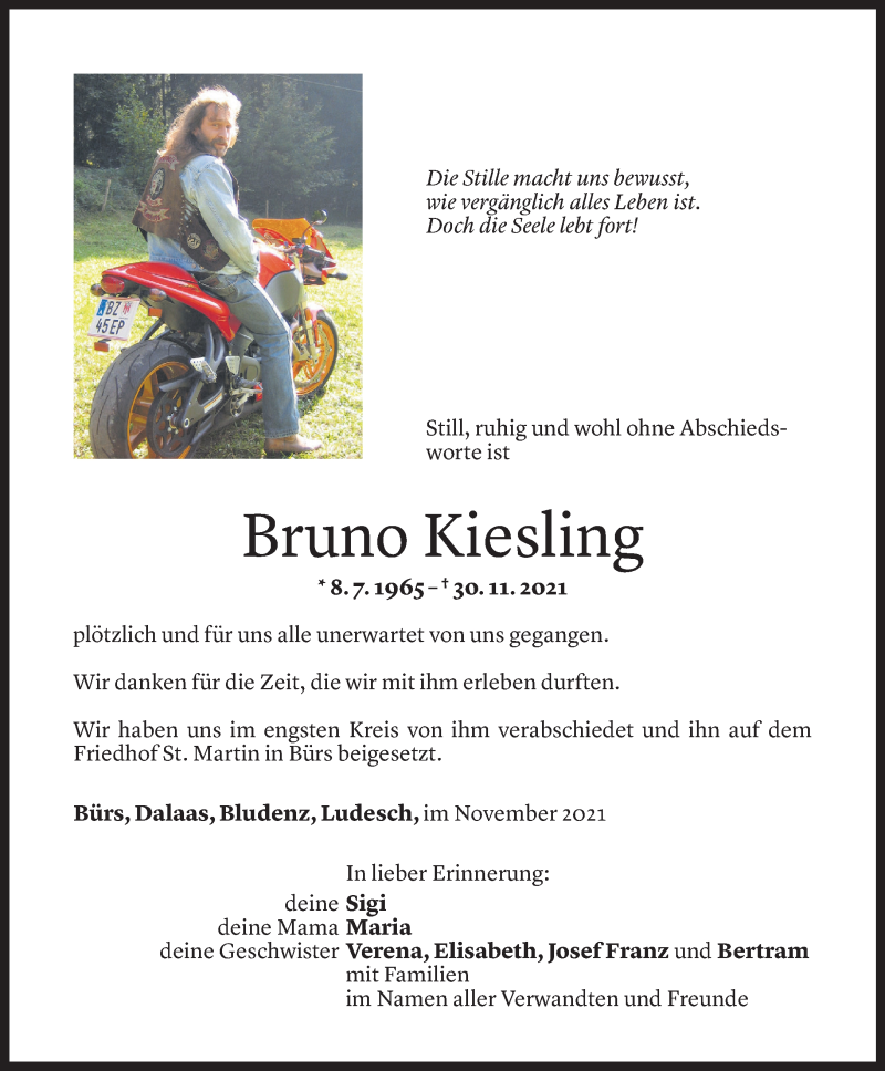  Todesanzeige für Bruno Kiesling vom 11.12.2021 aus Vorarlberger Nachrichten
