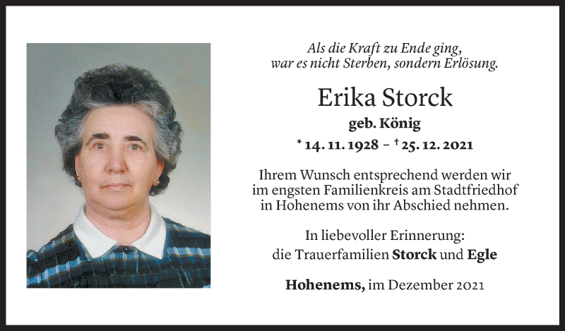  Todesanzeige für Erika Storck vom 29.12.2021 aus Vorarlberger Nachrichten