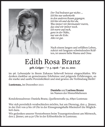 Todesanzeige von Edith Rosa Branz von Vorarlberger Nachrichten