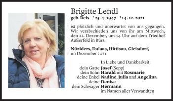 Todesanzeige von Brigitte Lendl von Vorarlberger Nachrichten