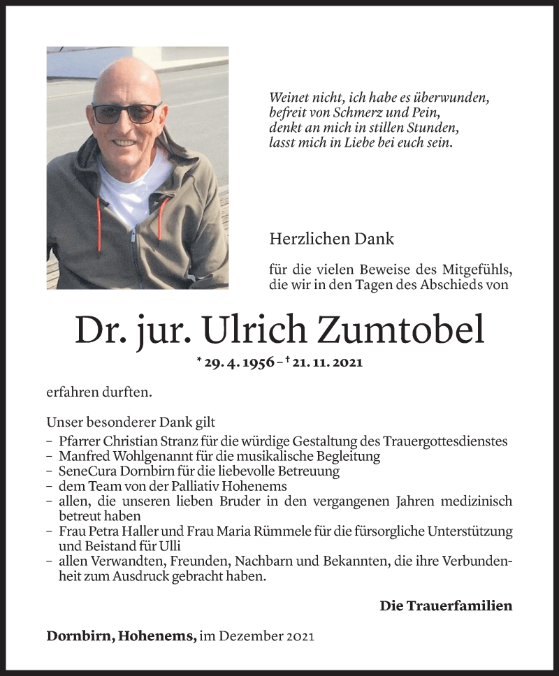  Todesanzeige für Ulrich Zumtobel vom 17.12.2021 aus Vorarlberger Nachrichten