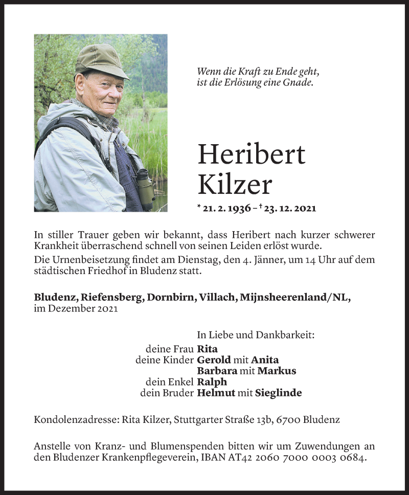  Todesanzeige für Heribert Kilzer vom 31.12.2021 aus Vorarlberger Nachrichten