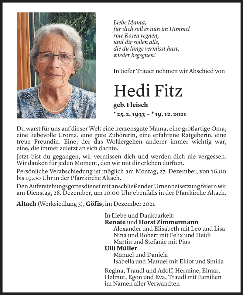  Todesanzeige für Hedi Fitz vom 24.12.2021 aus Vorarlberger Nachrichten