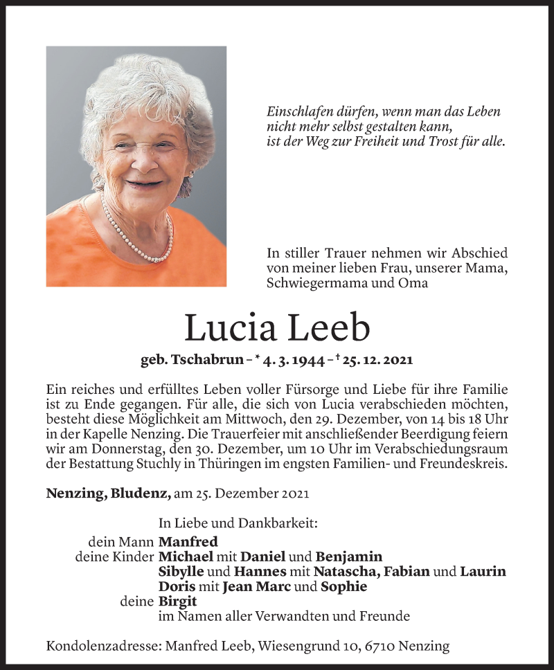  Todesanzeige für Lucia Leeb vom 27.12.2021 aus Vorarlberger Nachrichten